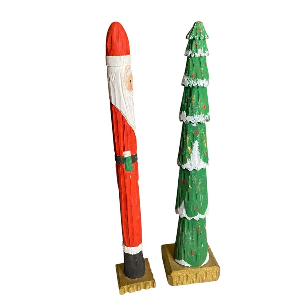 Vintage Hand Carved Wooden Pencil Skinny Santa Claus and Christmas Tree Figurine - Picture 4 of 14